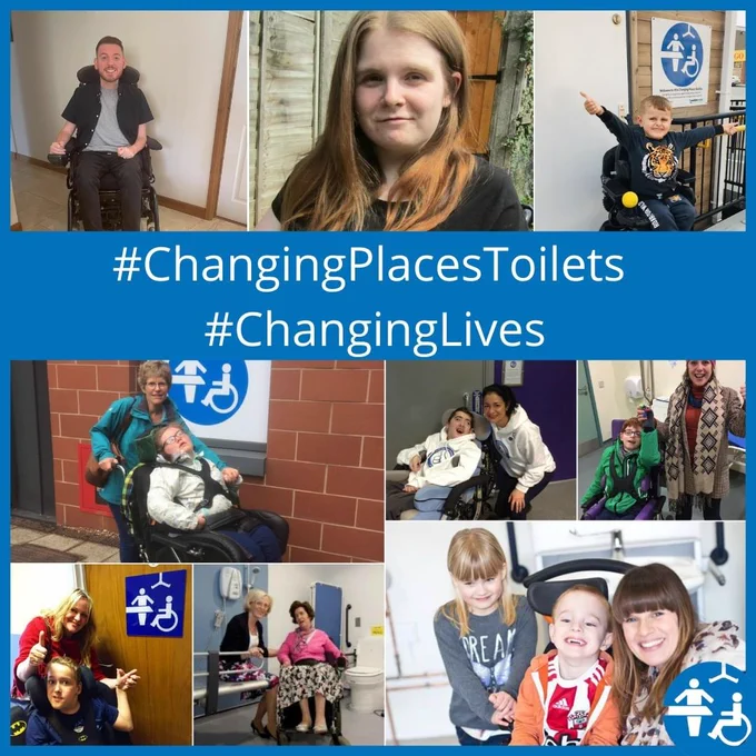 Collage of Changing Places toilets campaigners. the campaigners are individuals, families, adults and children. The Changing Places toilets logo can be seen in some of the pictures. Text says Changing Places toilets, changing lives