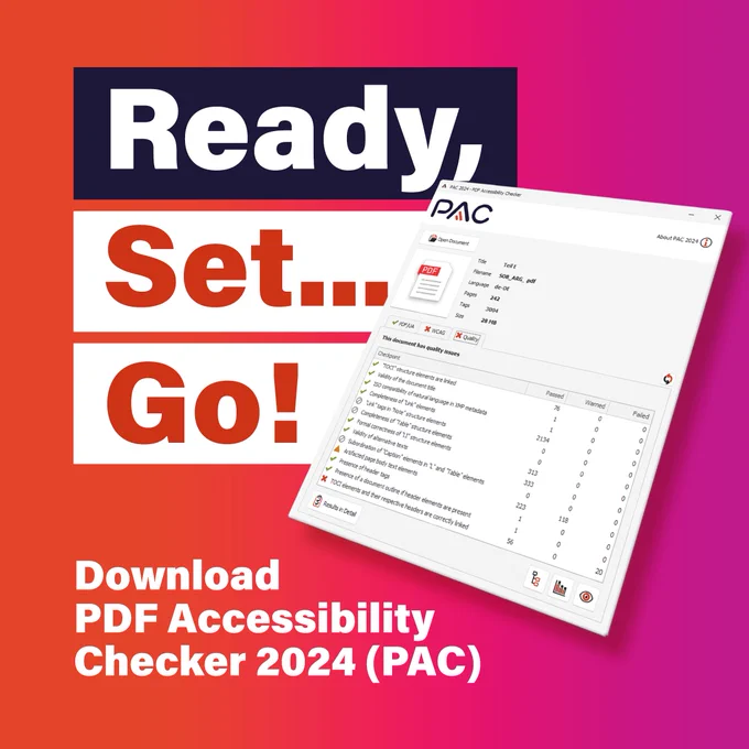 Ready, Set, Go! Download PDF Accessibility Checker 2024 (PAC). Screenshot der neuen Benutzeroberfläche von PAC.