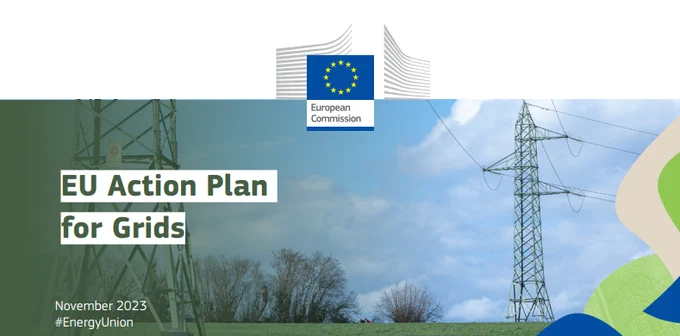 The visual reads Eu Action Plan for Grids and shows a pylon in a field, with graphic details from the visual identity of the European Green Deal. 
