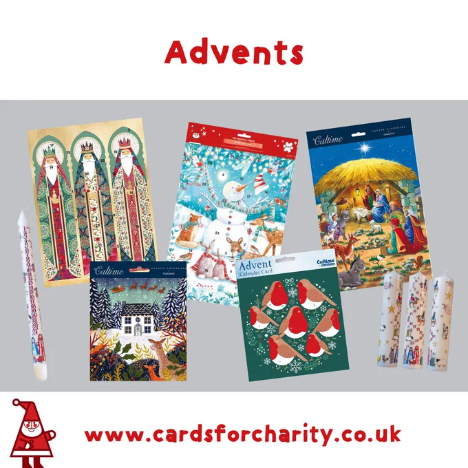 Advents at www.cardsforcharity.co.uk Image of different advent calendars, advent cards and advent candles. 