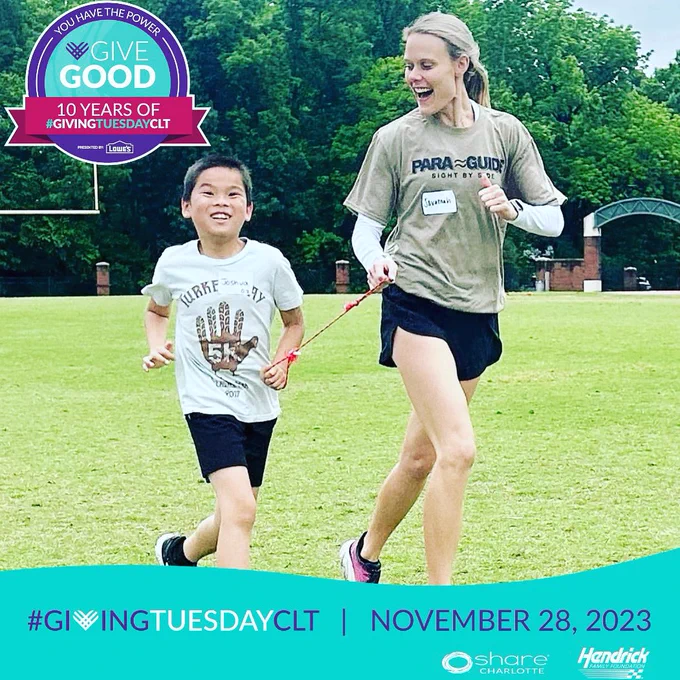 A photo of a young blind runner and his guide; the team is running with a hand tether and are both smiling; the guide wears a Para Guide shirt; the border text for #GivingTuesday and 10 years of giving edge the photo