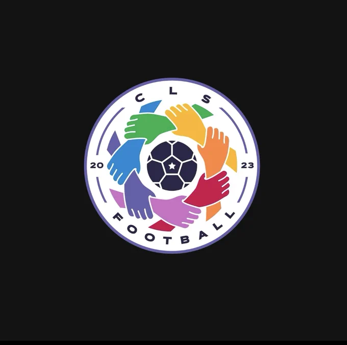 Close up of the badge design. 

"CLS" at the top with rainbow coloured hands in a circle below all surrounding a football. 