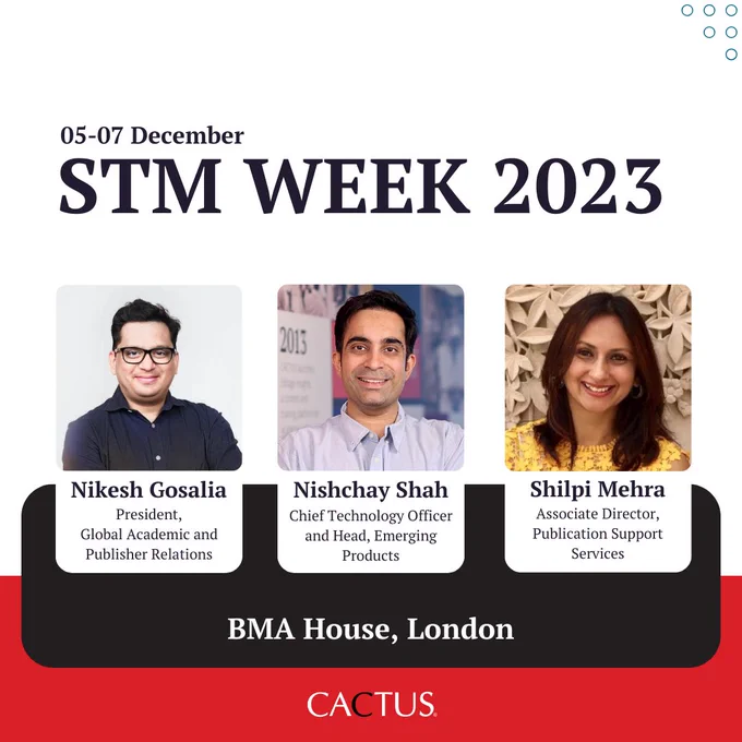 We're all set for #STMWeek2023, alongside other pioneers in in the #scholarlypublishing landscape!

Prepare to delve into the transformative AI-powered breakthroughs shaping the academic publishing landscape!

@STMAssoc @electronish @NikeshGo #CACTUSAtSTMWeek