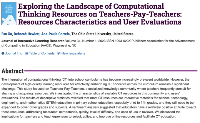 Screenshot the journal article titled "Exploring the Landscape of Computational Thinking Resources on Teachers-Pay-Teachers"