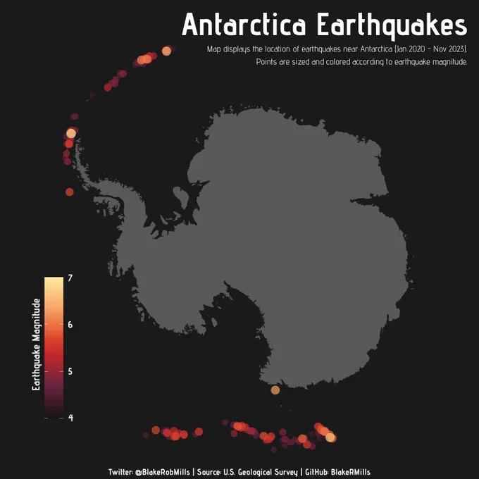Earthquakes around Antarctica (Jan 2020 - Nov 2023)