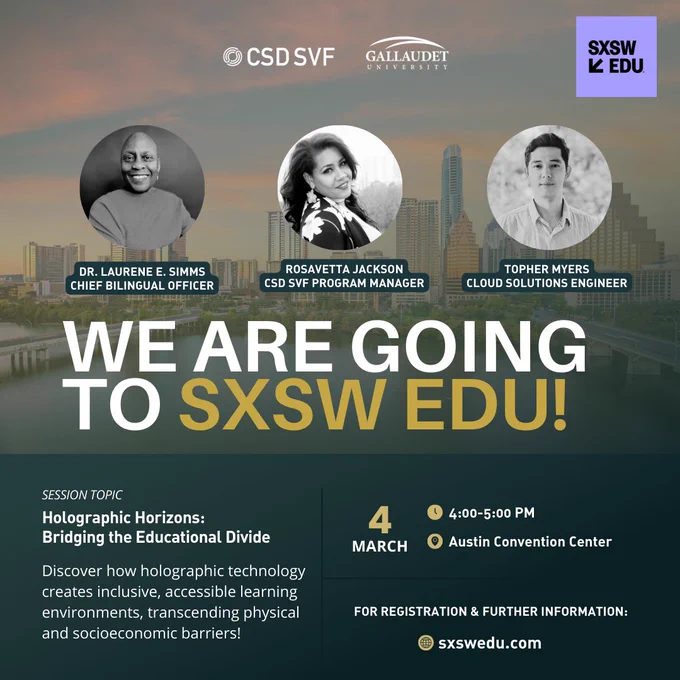 Graphic announcing 'WE ARE GOING TO SXSW EDU!' featuring images of three speakers: Dr. Laurene E. Simms, Rosavetta Jackson, and Topher Myers against an Austin cityscape background. Details about the session titled 'Holographic Horizons: Bridging the Educational Divide' are included, set for March 4th from 4:00-5:00 PM at the Austin Convention Center. The website sxswedu.com is provided for registration and further information.