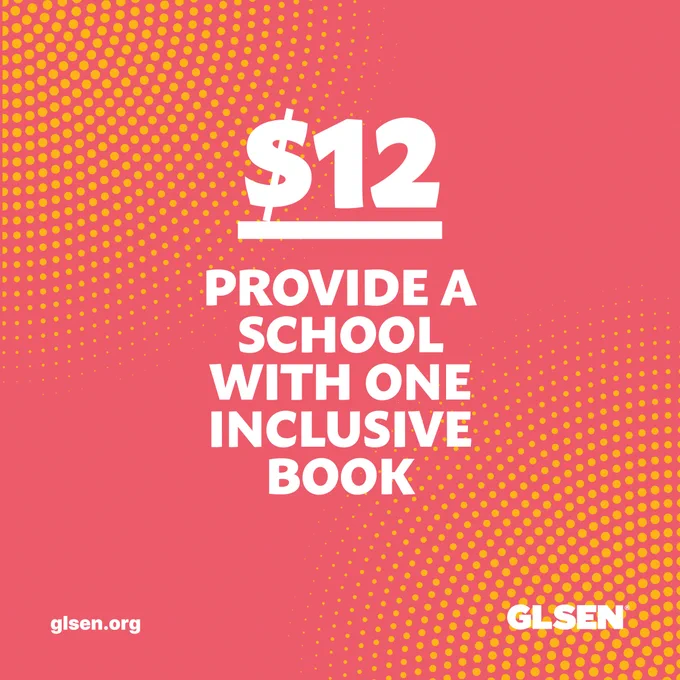 Bold white text on a orange and red background reads "$12 – Provide a school with one inclusive book"