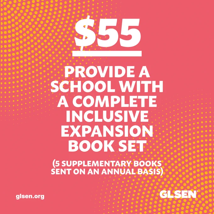 Bold white text on a orange and red background reads "$55 – Provide a school with a complete inclusive expansion book set (5 supplementary books sent on an annual basis)"