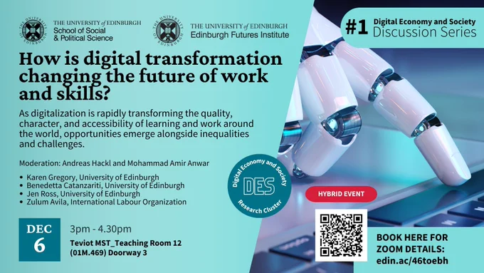A robotic hand hovers over a keyboard, its index finger on the space-bar. Text reads: How is digital transformation changing the future of work and skills? As digitalization is rapidly transforming the quality, character, and accessibility of learning and work around the world, opportunities emerge alongside inequalities and challenges. 