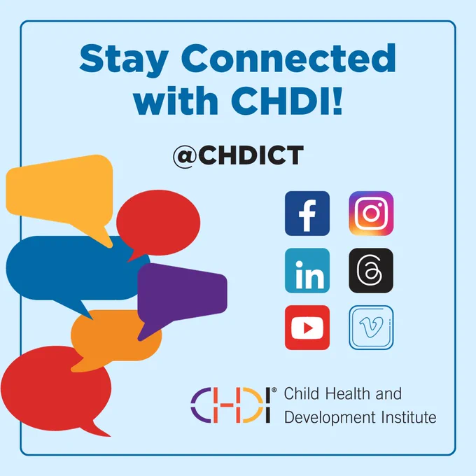 Graphic reading, "Stay Connected with CHDI! Find us at @CHDICT on most social media platforms." With logos for Facebook, Instagram, LinkedIn, Threads, YouTube, and Vimeo below text. 