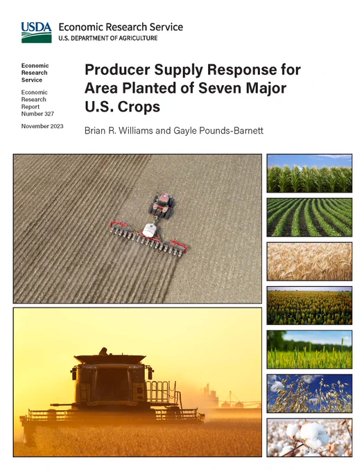 Report cover for Producer Supply Response for Area Planted of Seven Major U.S. Crops. Cover include images of corn, soybeans, wheat, sorghum, barley, oats, and cotton crops.