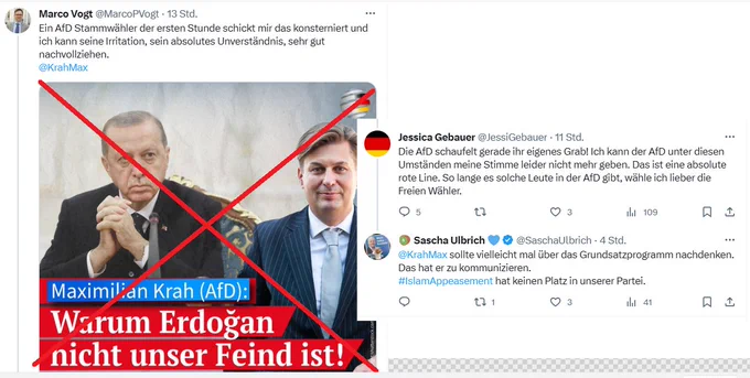 Bild des Deutschland-Kuriers "Warum Erdogan nicht unser Feind ist!" Und mehrere Statements, die Nicht-Wahl der AfD ankündigen bzw. Wählerabwanderung befürchten.