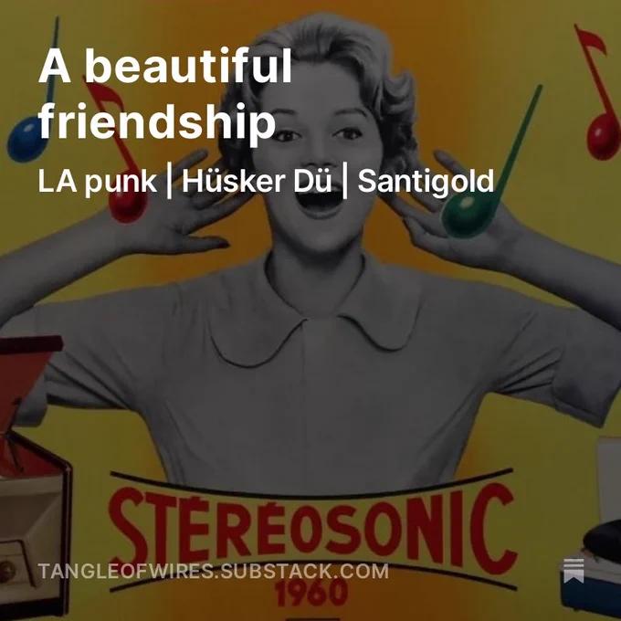 A cropped image of a 1960s advert for Phillips record players showing a woman in black and white on a bright yellow background with bright red, green and blue musical notes floating around her and the tag line 'stereosonic'