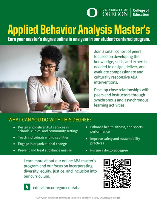 Flyer for UO ABA Master's Program. www.education.uoregon.edu/aba