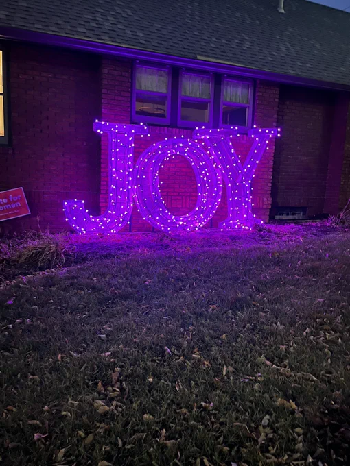 This is an outdoor 6 foot JOY holiday decoration with purple lights.