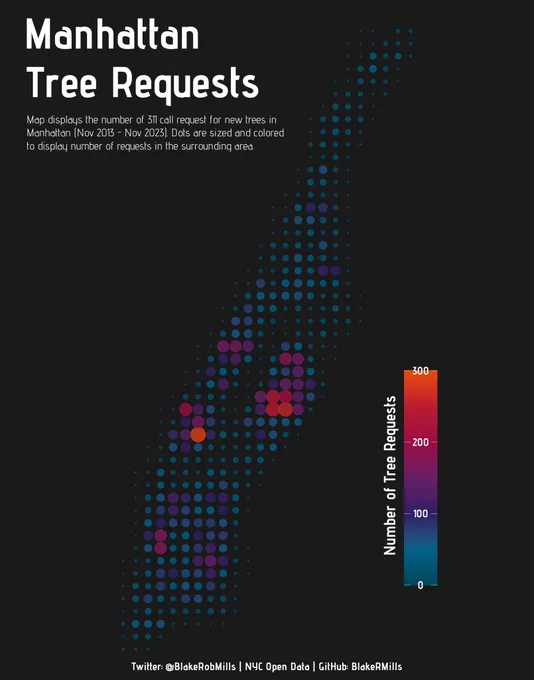 Map displaying the number of 311 call requests for new trees in Manhattan.
