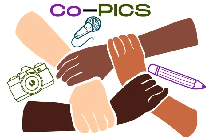 Graphical representation of arms interlinked with a camera, microphone and pencil