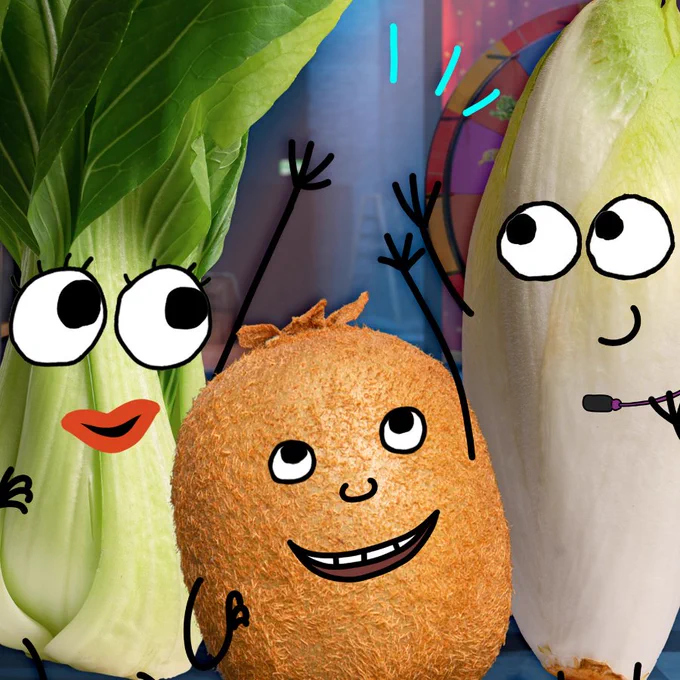 Still from Roots & Fruits. Animated versions of a bok choy, a kiwi and and an endive with eyes, mouths, and arms.