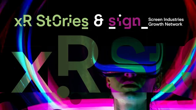 Image text: XR Stories and SIGN - Screen Industries Growth Network. Image: A person's head wearing a VR headset appears with the words XRS and curved shapes in blue and pink are set over the image. 