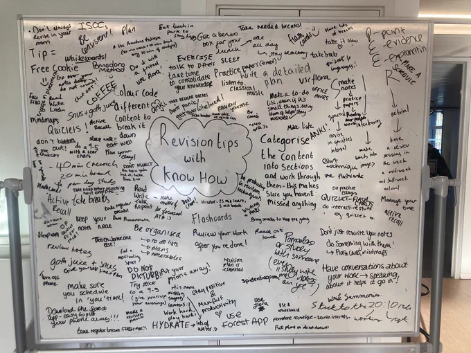 White board full of student revision tips.