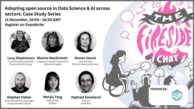 Hand-drawn image by scriberia is on the right of the digital poster: three people are sitting around a fire whose flames form the words “The Fireside Chat”. They are holding speech bubbles on sticks in lieu of marshmallows. The talk is titled: “Adopting Open Source in Data Science and AI across sectors: Case Study Series” with subtitle “11 December, 15-16:30 GMT – Register on Eventbrite”. There are black and white photos of 6 people who are co-organising and speaking at the Fireside chat: Lucy Stephenson (British Antarctic Survey), Maxine Mackintosh (Genomics England), Rowan Hemsi (Office for National Statistics), Stephen Haben (Energy Systems Catapult), Wenjia Tang (Digihaul), Raphael Sonabend (OSPO Now). Below: Hosted by/with TT`w