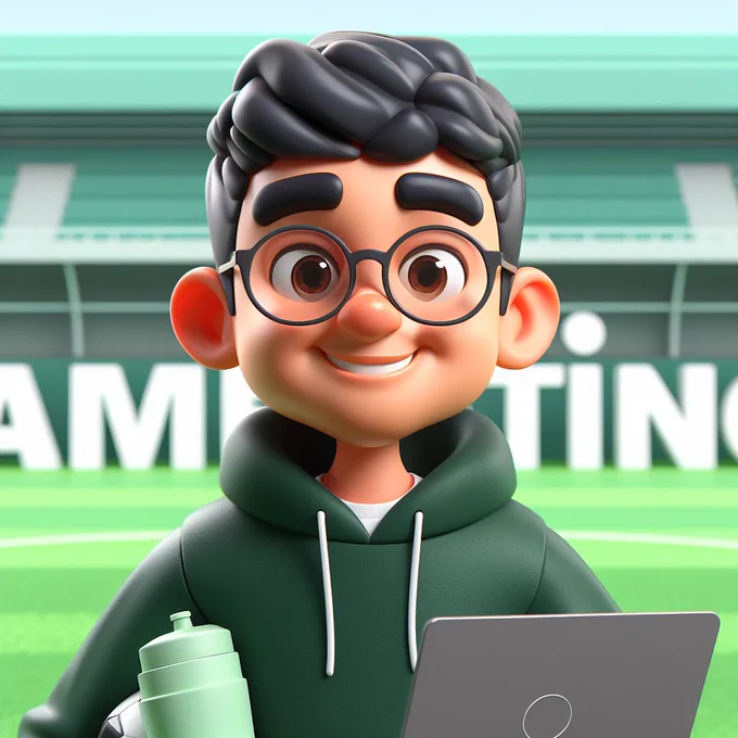 An AI generated image of a cartoon man on a football pitch in a green hoodie