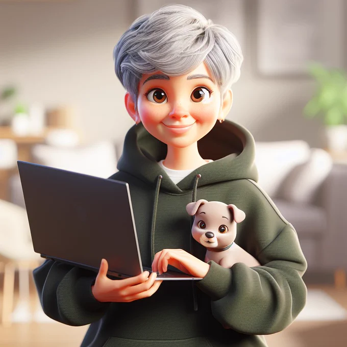 An AI generated image of a cartoon woman holding a laptop and dog