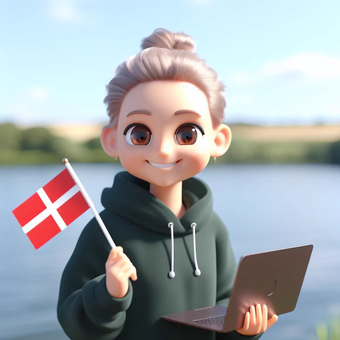 An AI generated image of a cartoon woman at a lake holding the danish flag