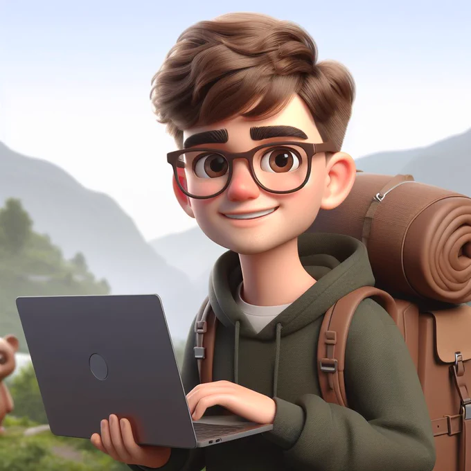 An AI generated image of a cartoon man up a mountain holding a laptop