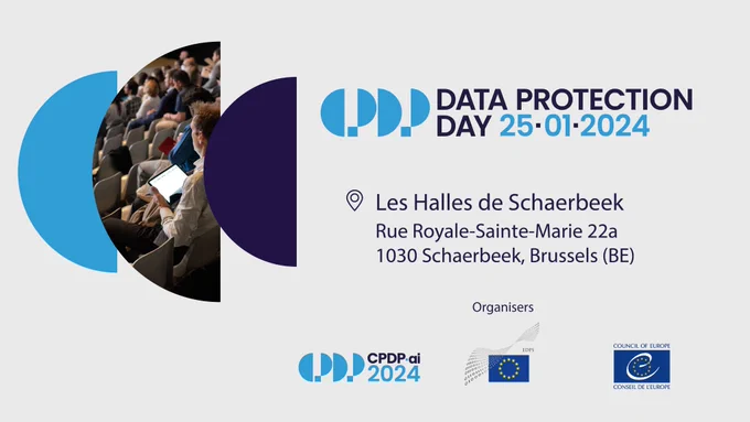 CPDP conference logo with date and address: 25/01/24 at Les Halles de Schaerbeek. 