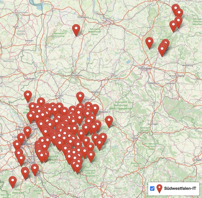 Karte mit 125 Markern der Kommunalverwaltungen, die vom digitalen Blackout der Südwestfalen-IT betroffen sind.