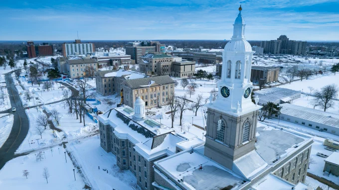 Hayes Hall on UB South Campus covered in a layer of fresh snow.