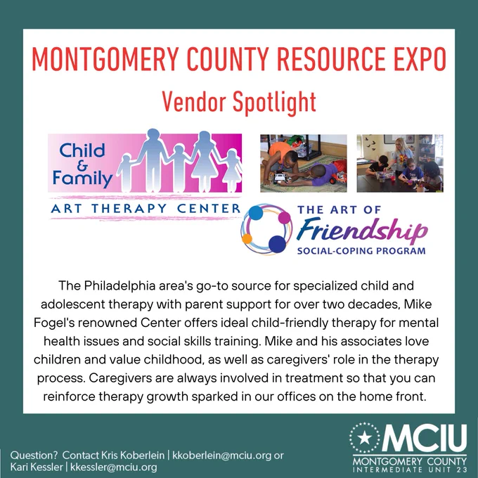 Montgomery County Resource Expo. Vendor Spotlight 
Child and Family Art Therapy Center Logo 
The Art of Friendship Social-Coping Program Logo
The Philadelphia area's go-to source for specialized child and adolescent therapy with parent support for over two decades, Mike Fogel's renowned Center offers ideal child-friendly therapy for mental health issues and social skills training. Mike and his associates love children and value childhood, as well as caregivers' role in the therapy process. Caregivers are always involved in treatment so that you can reinforce therapy growth sparked in our offices on the home front. 
