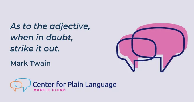 A decorative image has a quote that says: As to the adjective, when in doubt, strike it out. By Mark Twain