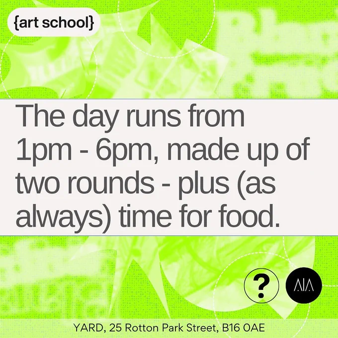Neon green black and white colours.

The day runs from 1pm - 6pm, made up of two rounds - plus (as always) time for food.