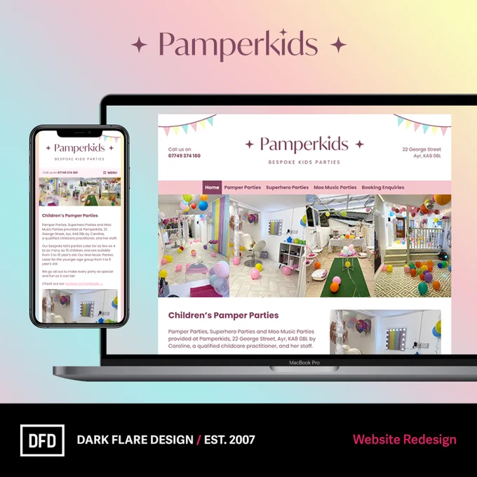 Screenshot of the website hosted at https://pamperpartiesayr.co.uk/