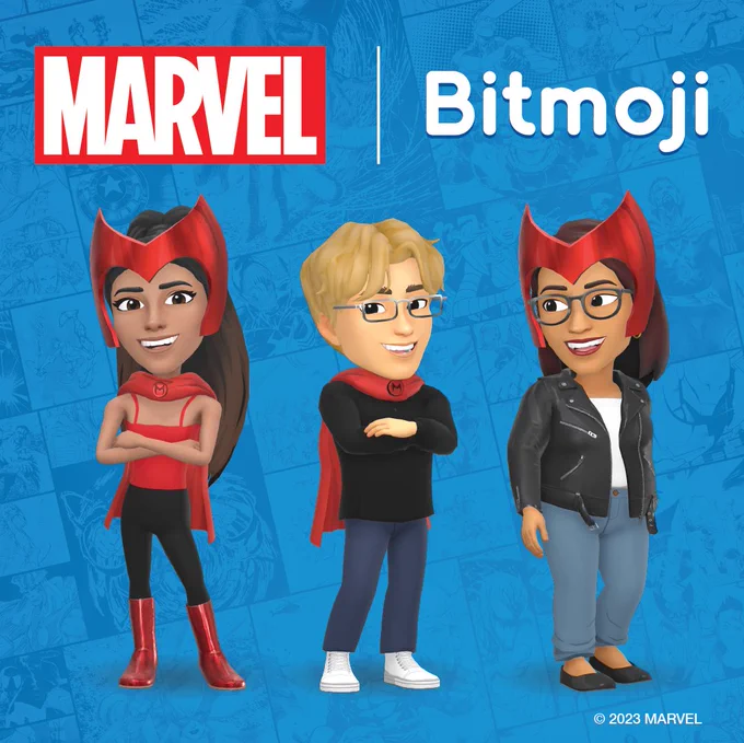 Three happy Bitmoji avatars wearing the new Marvel Scarlet Witch Crown & Cape, Marvel Bitmoji