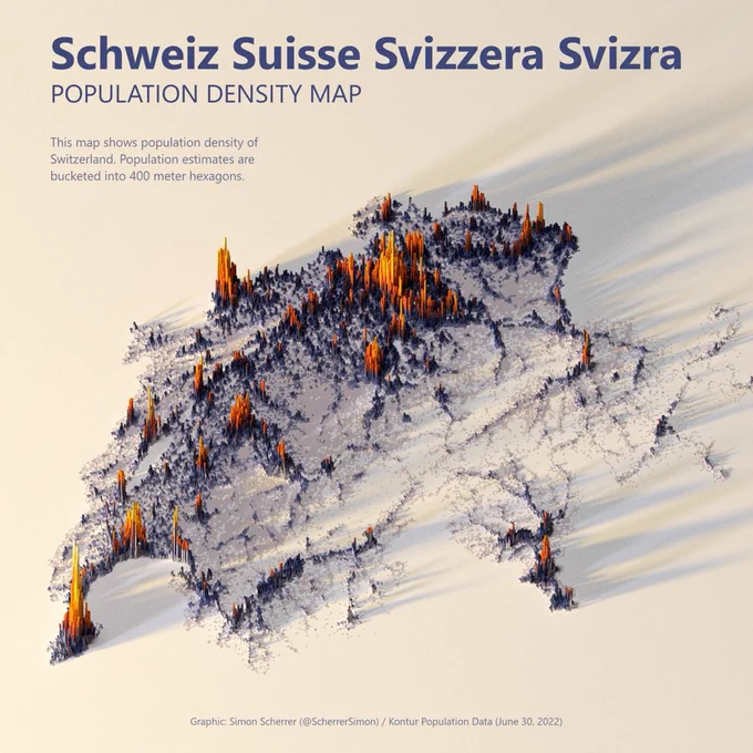 A 3D map of population density of Switzerland
