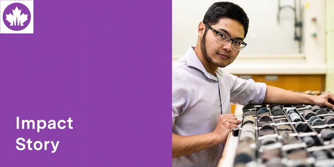 IMAGE: Rectangle divided into two squares. Left: Purple background with white title: "Impact Story", along with a small square NSERC logo of maple leaf. Right side shows a geochemist in a lab, looking at us and standing in front of a table on which many cylindrical mineral samples are laid out.
(Photo Credit: Richard Blenkinsopp)