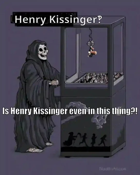 Death is playing a claw machine game. Henry Kissinger dangles from the machine's claw and Death exclaims “Henry Kissinger‽ Is Henry Kissinger even in this thing?!”.
The image appears to have been edited from previous images of Death At A Claw Machine Looking For Henry Kissinger.