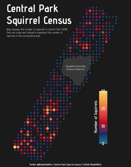 Map displays the number of squirrels in Central Park (2018].
Dots are sized and colored to represent the number of squirrels in the surrounding area.