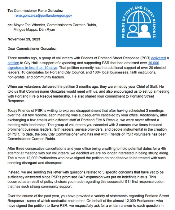Page 1 of the letter from Friends of PSR to Commissioner Gonzalez. The letter expresses disappointment that Commissioner Gonzalez canceled 3 consecutive meetings with volunteers, and explains that the group decided to write this letter with their questions instead. The questions revolve around the asks in the petition to Save PSR signed by almost 12k Portlanders, which can be found at friendsofpsr.com