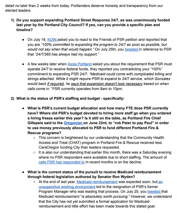Page 2 of the letter from Friends of PSR to Commissioner Gonzalez. The letter expresses disappointment that Commissioner Gonzalez canceled 3 consecutive meetings with volunteers, and explains that the group decided to write this letter with their questions instead. The questions revolve around the asks in the petition to Save PSR signed by almost 12k Portlanders, which can be found at friendsofpsr.com