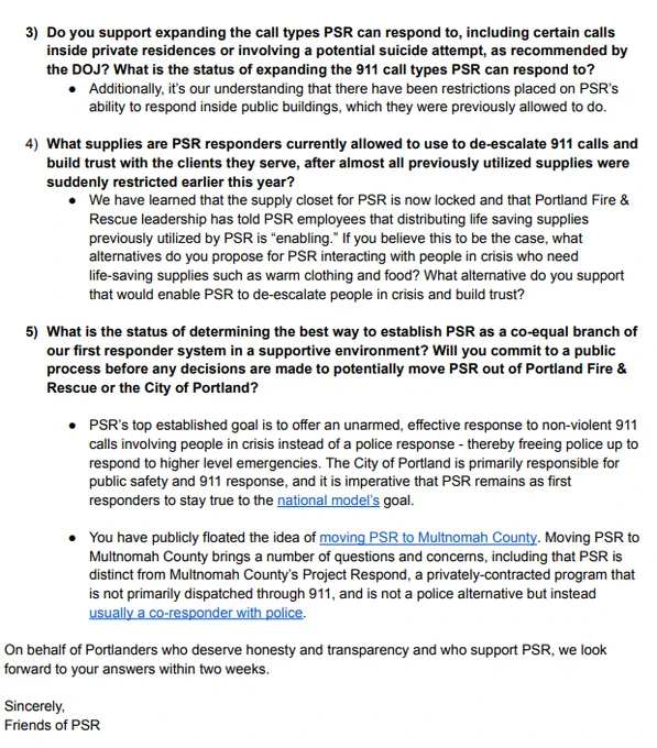 Page 3 of the letter from Friends of PSR to Commissioner Gonzalez. The letter expresses disappointment that Commissioner Gonzalez canceled 3 consecutive meetings with volunteers, and explains that the group decided to write this letter with their questions instead. The questions revolve around the asks in the petition to Save PSR signed by almost 12k Portlanders, which can be found at friendsofpsr.com