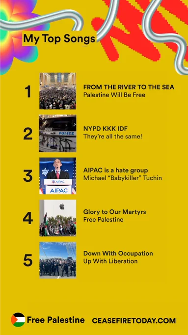 Parody of Spotify unwrapped screenshots going around 

1. FROM THE RIVER TO THE SEA
Palestine Will Be Free
2
POLICE
NYPD KKK IDF
They're all the same!
3
AIPAC is a hate group
Michael "Babykiller" Tuchin
~# AIPAC
AIPAC
4
Glory to Our Martyrs
Free Palestine
5
Down With Occupation
Up With Liberation