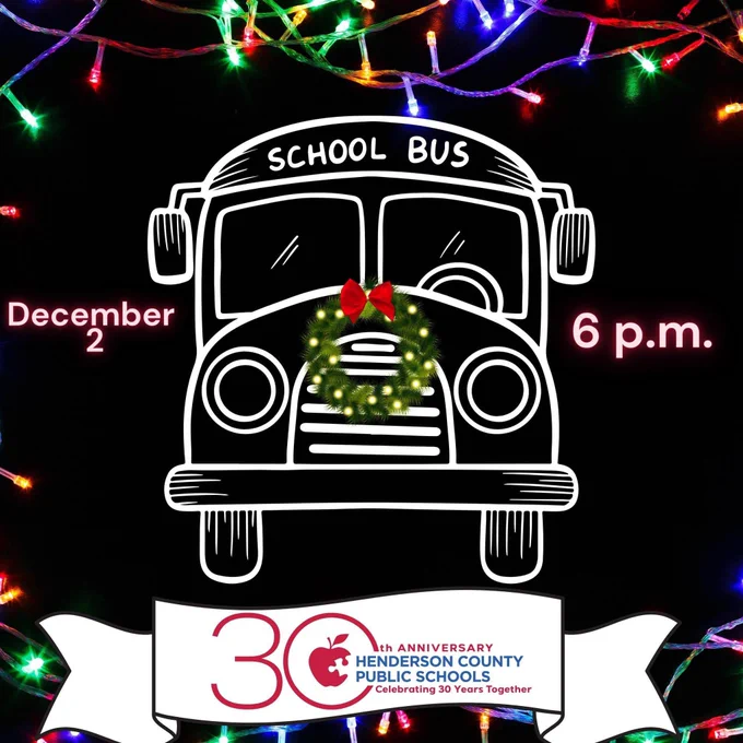 A graphic of a school bus with a dark background and Christmas lights. There is a white banner with the HCPS 30th anniversary logo.