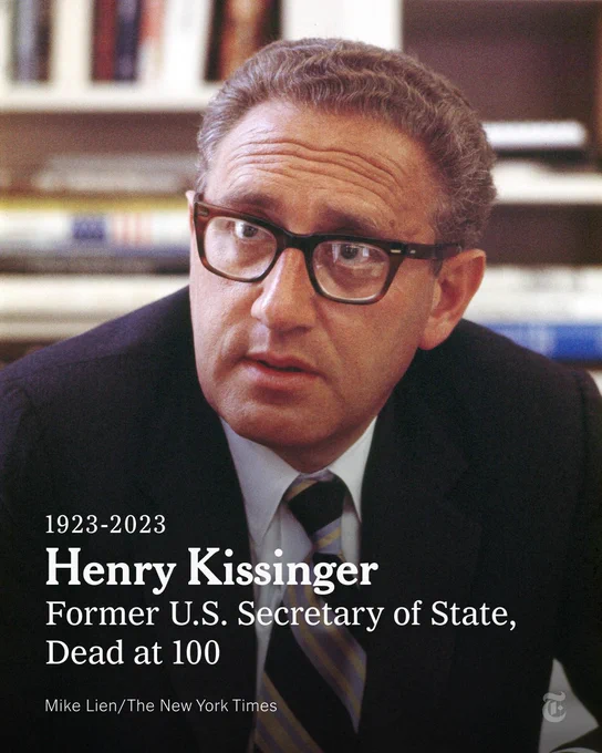 Henry Kissinger is pictured in 1971. Headline reads: "1923-2023. Henry Kissinger, Former U.S. Secretary of State, Dead at 100." Photo credit: Mike Lien/The New York Times.