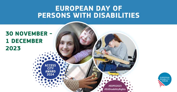 Ilustration of the European Day of Disabilities and of Access City Award, a kid hugging a woman, a finger pushing a screen, and a woman doing woodwork