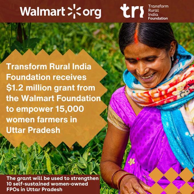 We are thrilled to announce a groundbreaking collaboration with the @WalmartOrg Foundation for their unwavering support in our mission to transform rural communities by boosting the rural livelihoods of 15,000 women farmers in Uttar Pradesh.🌾🏡🙏💚

This $1.2 million grant will enable us to empower women farmers, create economic collectives, and will enable us to create 10 self-sustained women-owned FPOs (Farmer Producer Organizations) and provide essential resources and training to enhance their livelihoods.

🤝 Walmart Foundation x Transform Rural India Foundation