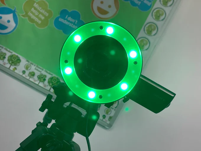 Green light ring around a digital camera.